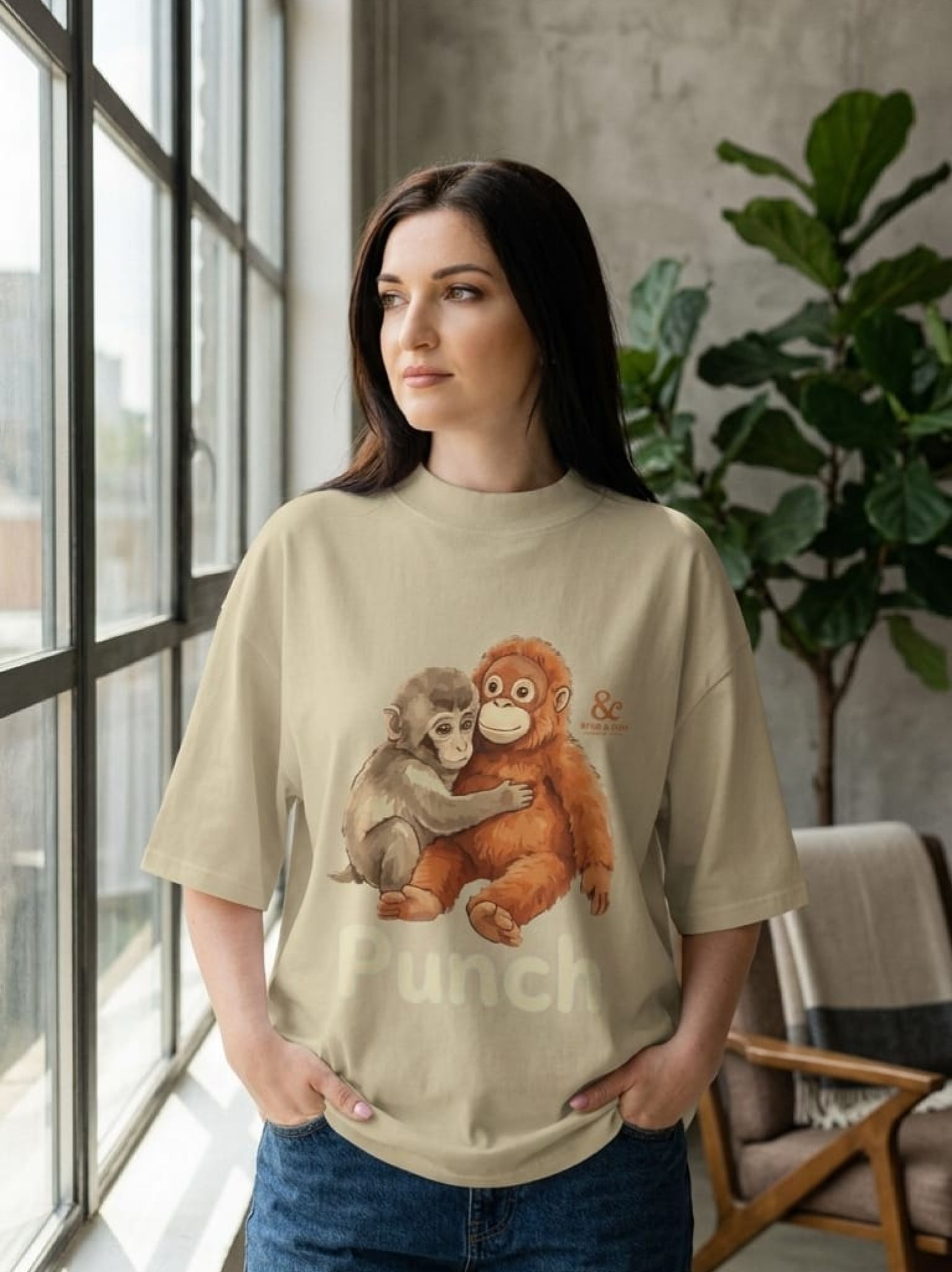 Punch-kun oversized organic graphic tee in stone — Bing & Ash